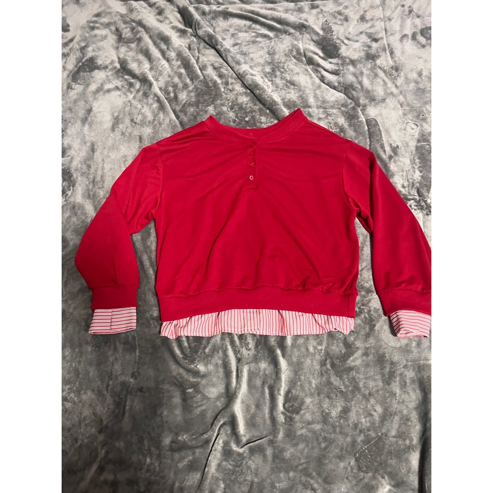 SHEIN Red Layered Look Sweatshirt Henley Striped Hem Cuffs XL